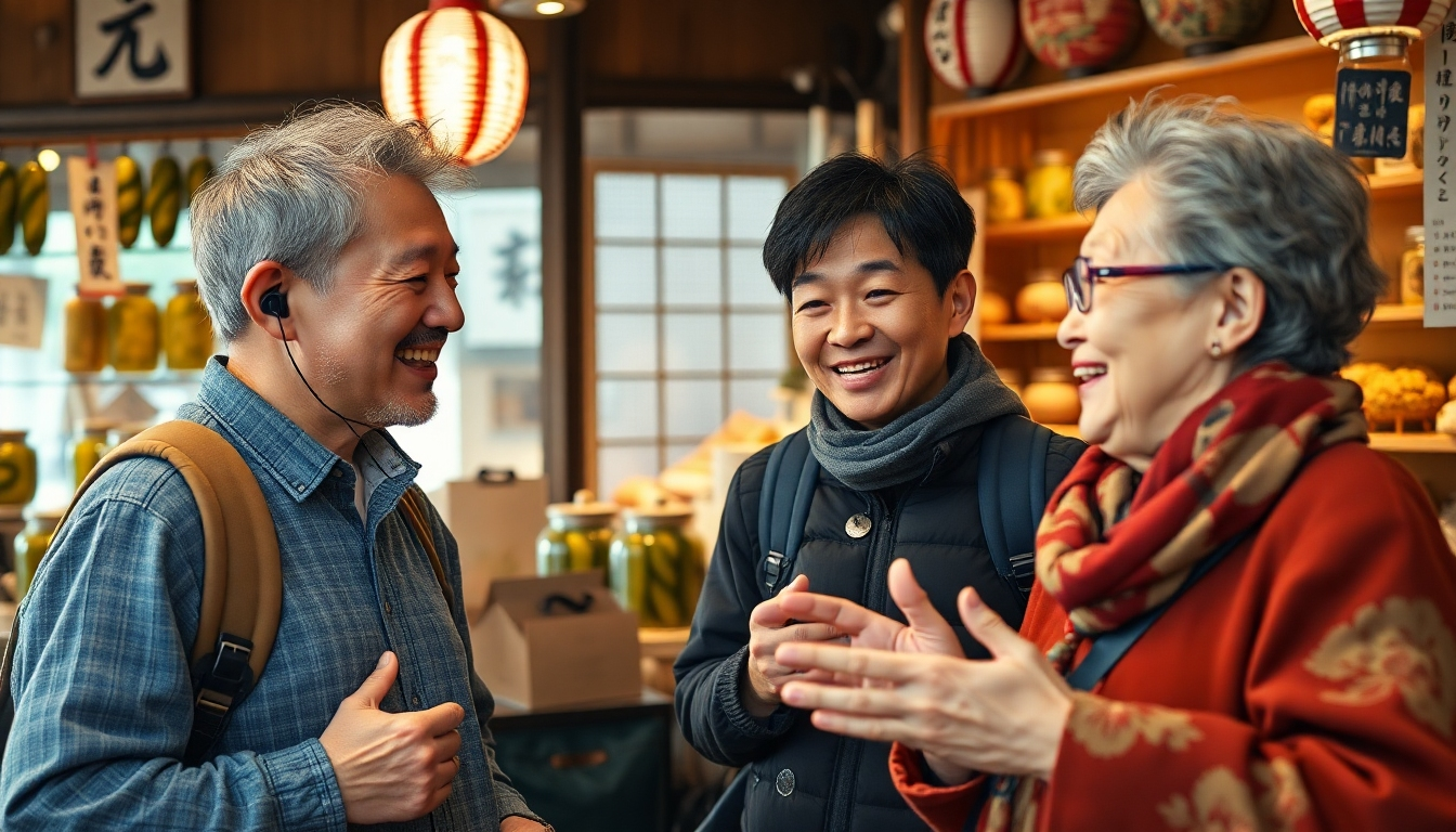 AI翻訳イヤホンで会話する観光客と地元の人々