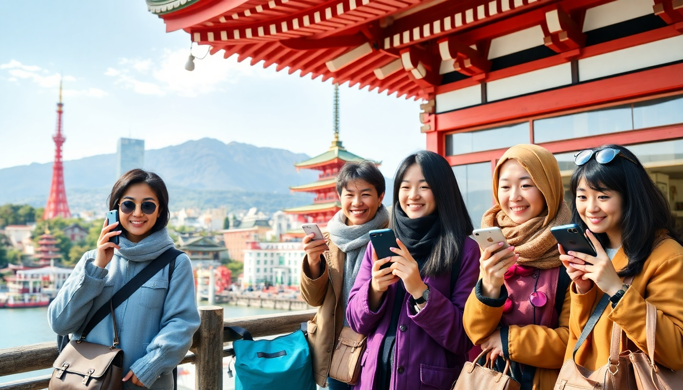 国際的な観光客が日本でAI技術やデジタルツールを活用する様子