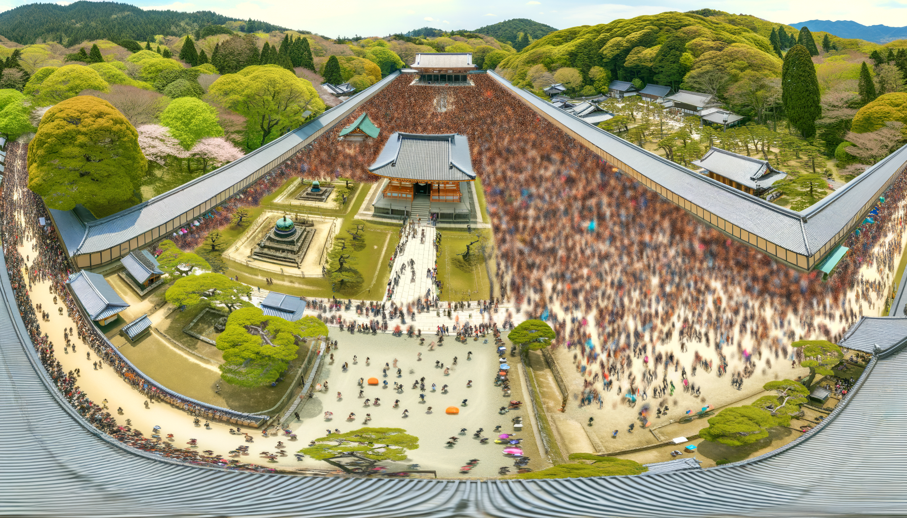混雑する観光地の空撮画像