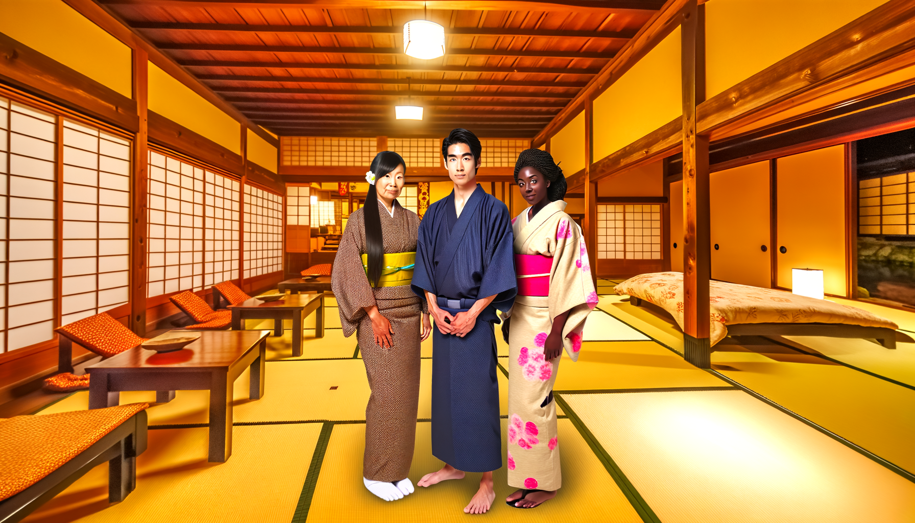 日本の伝統旅館での家族旅行の様子